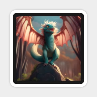 Baby Cyan Dragon with Pink Wings on a Rock Magnet