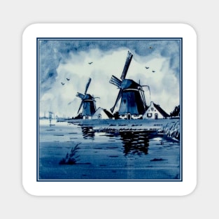 Dutch Blue Delft Windmills Vintage Print Magnet