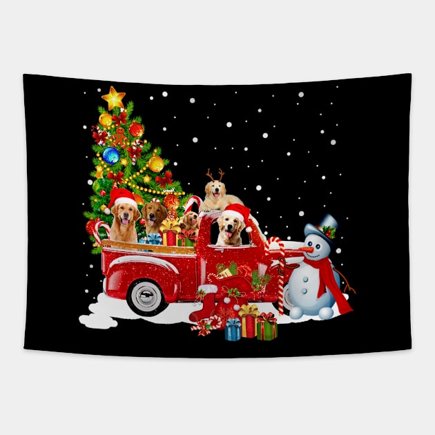 Retriever Dog Christmas On Red Car Truck with Xmas T-Shirt Tapestry by kimmygoderteart