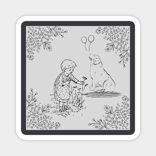 child picking flowers with a dog Magnet by MeriemBz