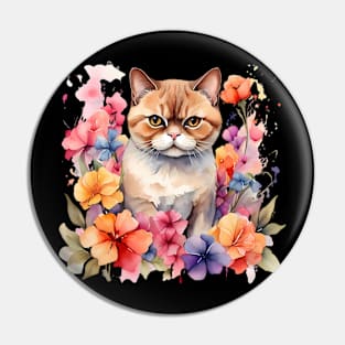 An exotic shorthair cat decorated with beautiful watercolor flowers Pin