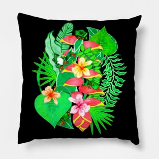 Happy Tree Frogs in Vibrant Jungle Botanicals Pillow