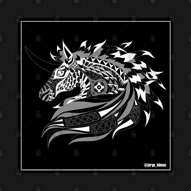 the unicorn horse in black art pattern in aztec ecopop wallpaper by jorge_lebeau