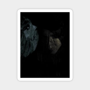 Portrait, collage, special processing. Man, dark costume, long hair, looking down. On left demon of gold. Very desaturated. Magnet