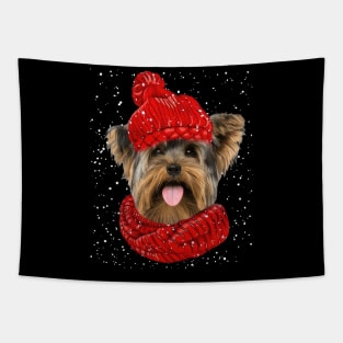 Yorkshire Terrier Wearing Red Hat And Scarf Christmas Tapestry