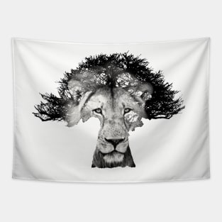 Baobab in Silhouette with Lion Face Overlay Tapestry