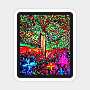 Colourful, abstract tree and vibrant flowers Magnet