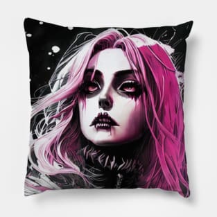 The Art of Minimalism: Exploring Black and White Anime Girl Masterpieces Gothic Goth Fashion Dark Pink Hair Pillow