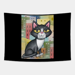 Black and white kitty cat with a cityscape with orange and yellow Tapestry