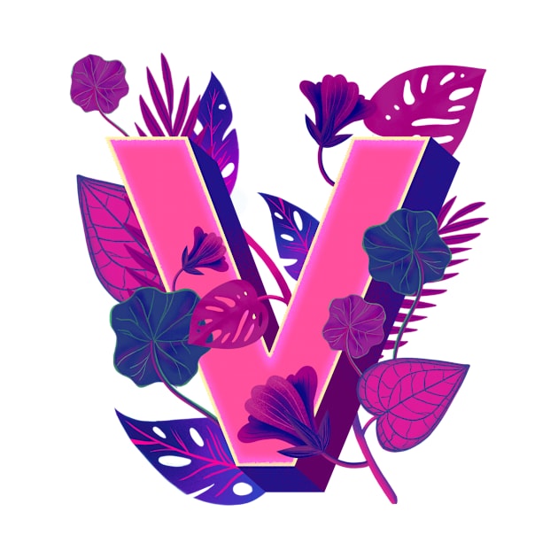 Floral Pink Letter V Typographic Art by New East 