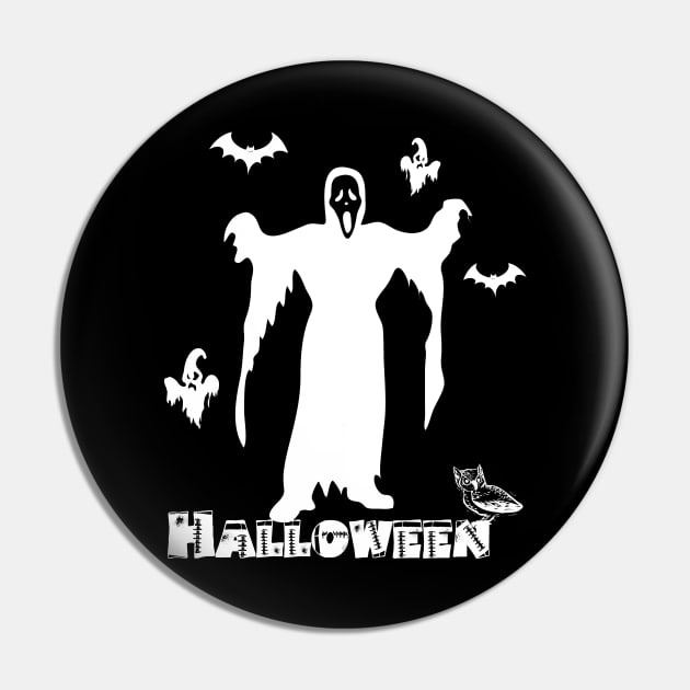 Halloween Scary Death Face, Scary Ghosts And Bats Black And White Graphic Design, Halloween Party, October 31st Holidays, White Version Pin by Modern Art