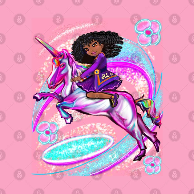 Curly hair Princess on a unicorn pony - black girl with curly afro hair on a horse. Black princess by Artonmytee