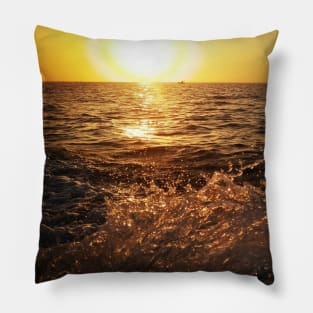 Cute ocean view fishing boat sunset Pillow