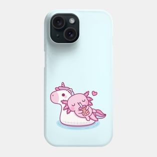 Cute Axolotl Chilling On Unicorn Pool Float Drinking Bubble Tea Phone Case