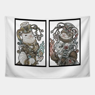 Steampunk Devil and Angel Ferrets - 'A little bit good, A little bit bad' - White Outline Tapestry