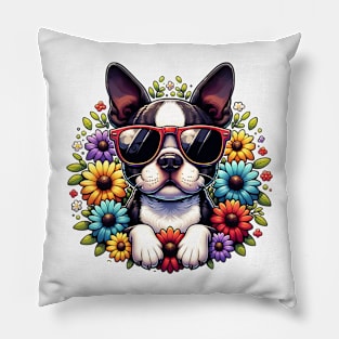 Cool Boston Terrier And Flowers Pillow