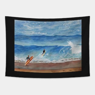 Going Surfing Watercolor Illustration Tapestry