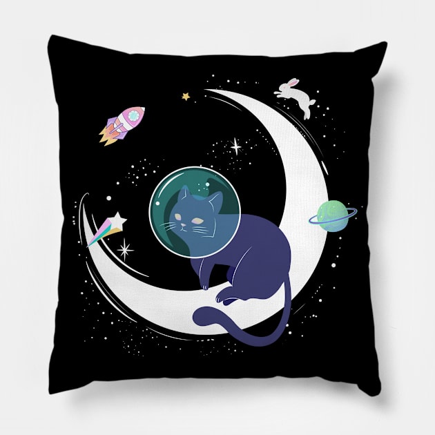 Black cat astronaut in space with the moon, rocket, shooting star, rabbit and planet Pillow by keeplooping