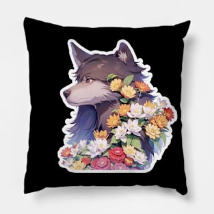 Lone Wolf With Flowers Pillow