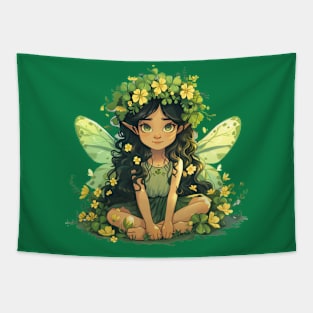 Cute Saint Patrick's Day Fairy sitting in four leaf clovers shamrocks and flowers happy St. Patricks Day Tapestry