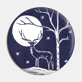 Stag in the Moonlight Blue and White LinoCut Pin