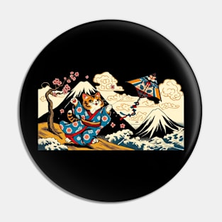 Vintage Japanese Art Kite Lover Mountain Mt. Fuji Cute Cat Pin