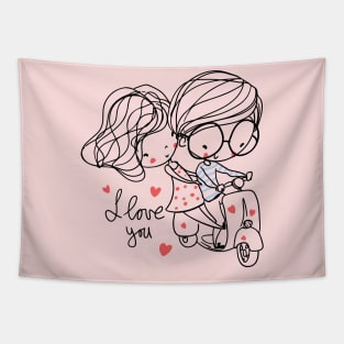 Boy & girl on bike with sign "I love you" Tapestry