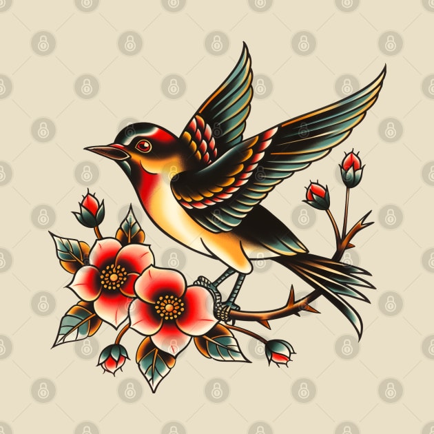 Vintage Flash Tattoo Sparrow Bird by AI Art Originals