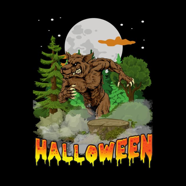 Retro Style Werewolf Halloween Shirt Full Moon Forest Howling by PowderShot