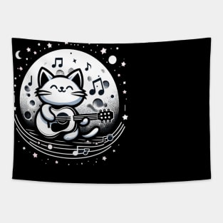 Romantic Cat Playing Guitar with Moon - Cool and Cute Illustration Tapestry