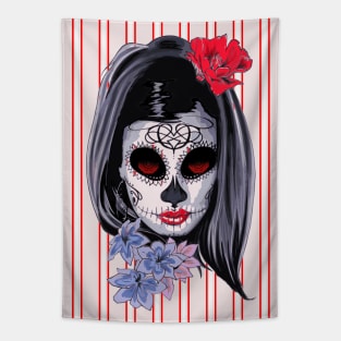 Red White and Black Striped Graphic & makeup mask,floral,flower skull Tapestry