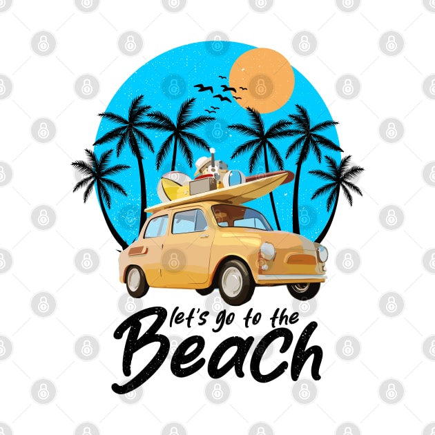 Let's Go To The Beach - Retro Vintage car with surfboard and beach ball by Darkside Labs