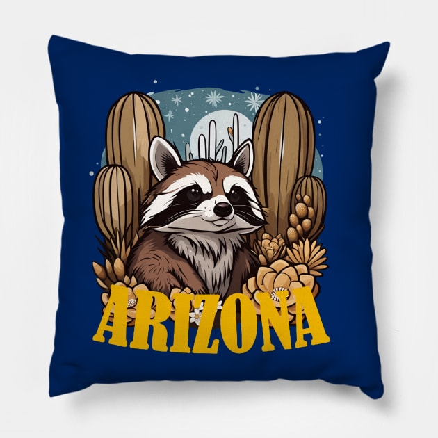 Arizona Ring-tailed Cat Surrounded by White Cacti Blossom Pillow by taiche