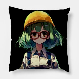 Anime Girl worker engineer in construction helmet Pillow