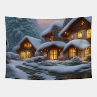 Magical Fantasy House with Lights in a Snowy Scene, Fantasy Cottagecore artwork Tapestry