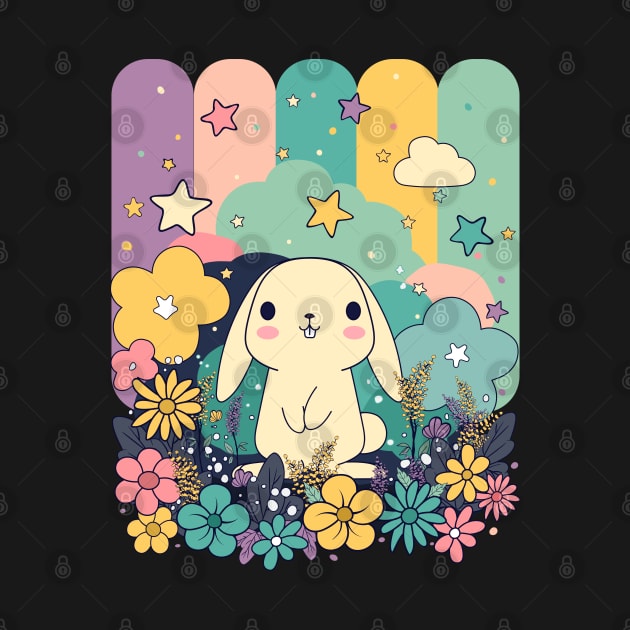 Cute Kawaii Easter Bunny surrounded by flowers by Juka