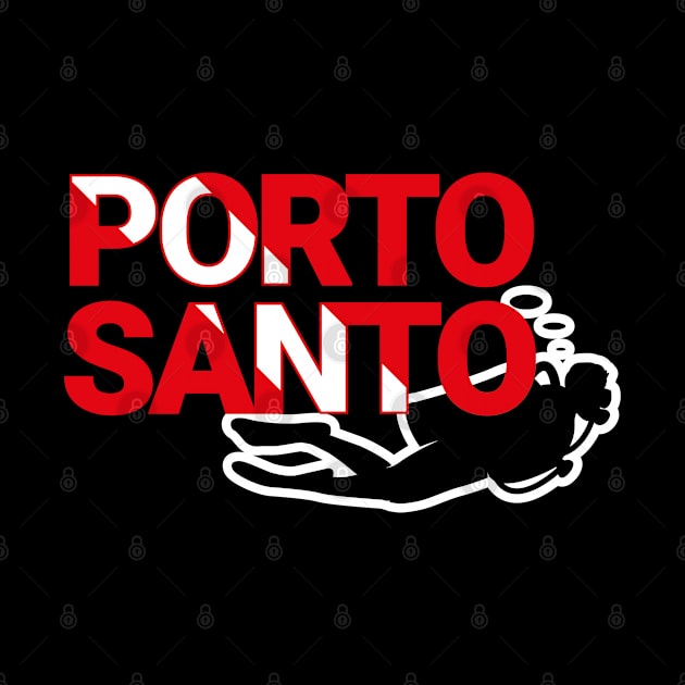 The word Porto Santo filled with the diving flag colours and a scuba diver by Donaby