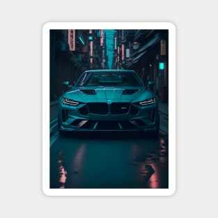 Dark Teal Sports Car in Japanese Neon City Magnet