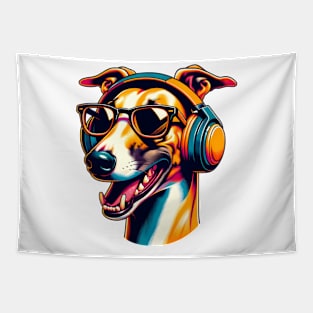 Greyhound Smiling DJ with Energetic Sound Waves Tapestry