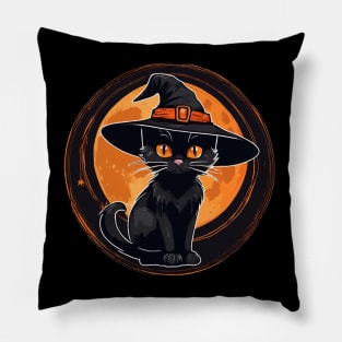 Black Cat wearing black witch Hat Pillow