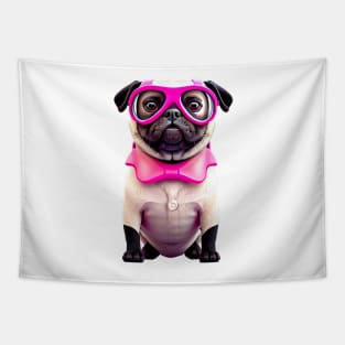 Cute Pug with Pink Glasses and Apron - Adorable Superstar Celebrity Dog Design Tapestry