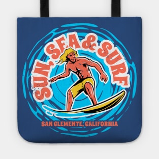 Vintage Sun, Sea & Surf San Clemente, California // Retro Surfing // Surfer Catching Waves Tote