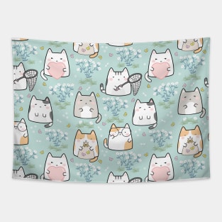 Seamless Pattern plant butterflies Cute Kawaii Cats Tapestry