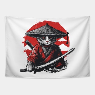 Retro Samurai Cat Katana Sunset Ninja Cat Warrior Cat Japanese Art Tapestry