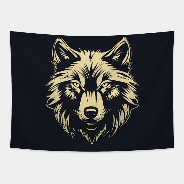 Wolf Head Vintage Graphic Off White on Black Tapestry by ravensart