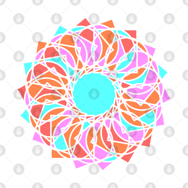 Digital mandala with random geometric repeated shapes in bright neon colors by acidmit