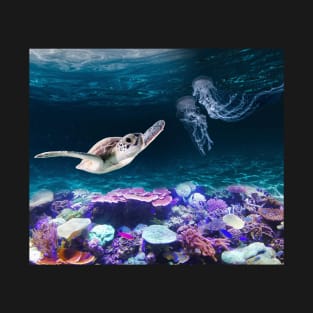 Sea Turtle swimming near Coral Reefs and Jellyfish T-Shirt