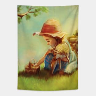 Girl having a picnic with her dog Tapestry