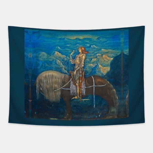 A KNIGHT RODE ON THE HORSE IN BLUE Swedish Fairy Tale Tapestry by BulganLumini