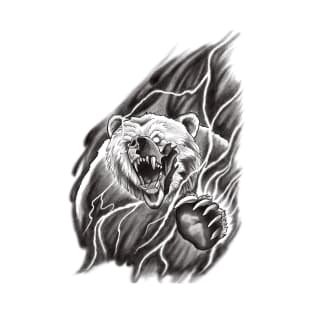 Roaring Bear breaking through the Mist in a Lightning Storm Tattoo Design T-Shirt